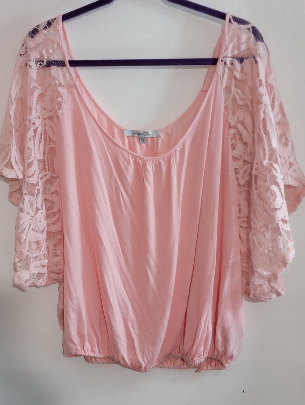 Paper Tee Blush Pink Lace Sleeve Scoop Neck Top